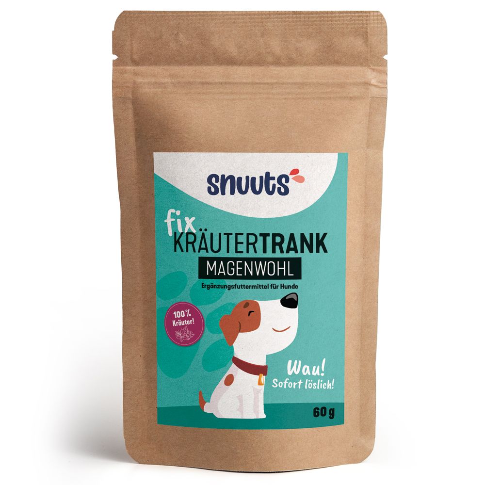 Beutel mit Produktaufdruck. Aufschrift: snuuts Kräutertrank Magenwohl. Illustration eines Hundes. 100% Kräuter. 60g.