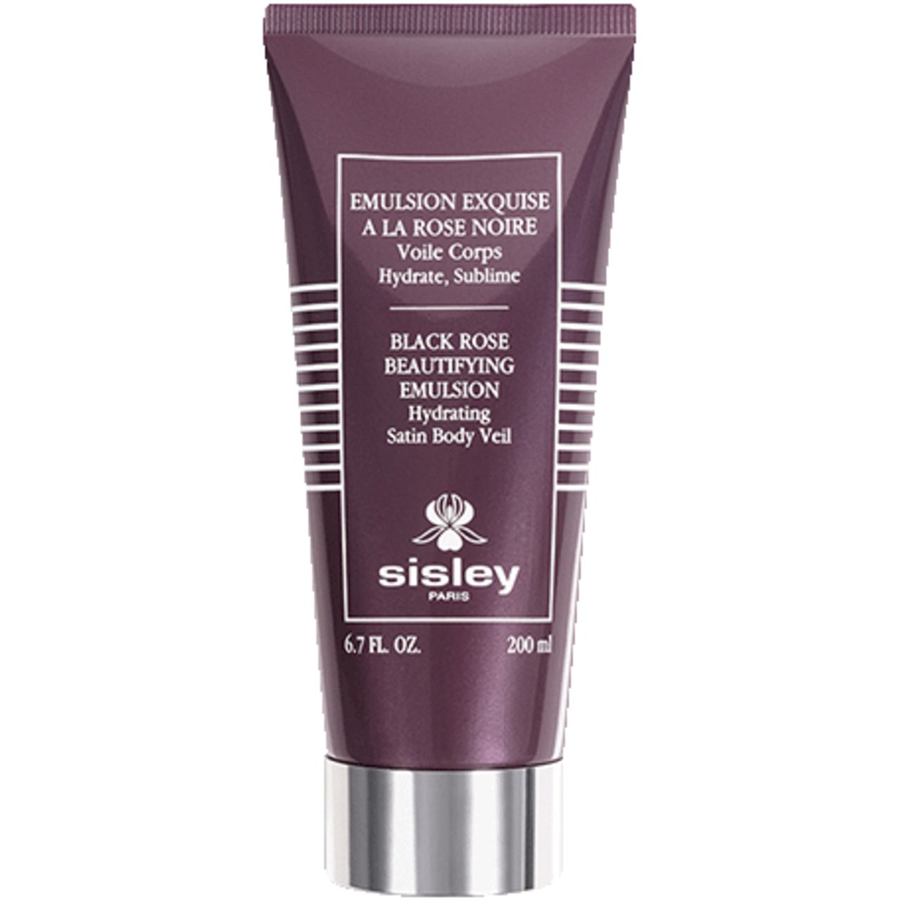 Dunkelviolette Tube mit Sisley-Logo und Produktbezeichnung. Text: Émulsion Exquise à la Rose Noire, 200 ml. Silberfarbener Schraubverschluss.