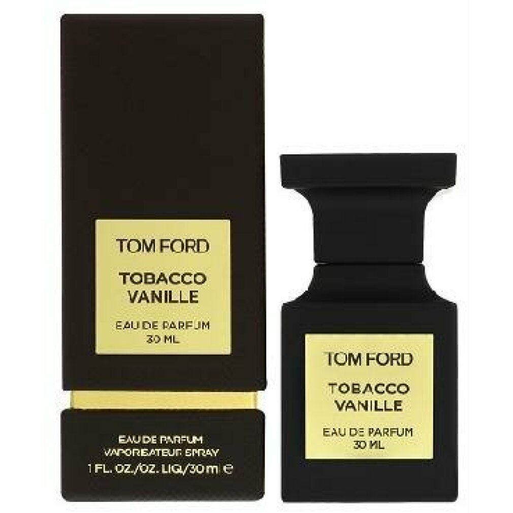 Dunkelbraune Schachtel und Flakon. Aufschrift: TOM FORD, Tobacco Vanille, Eau de Parfum, 30 ml. Flakon mit schwarzem Verschluss.