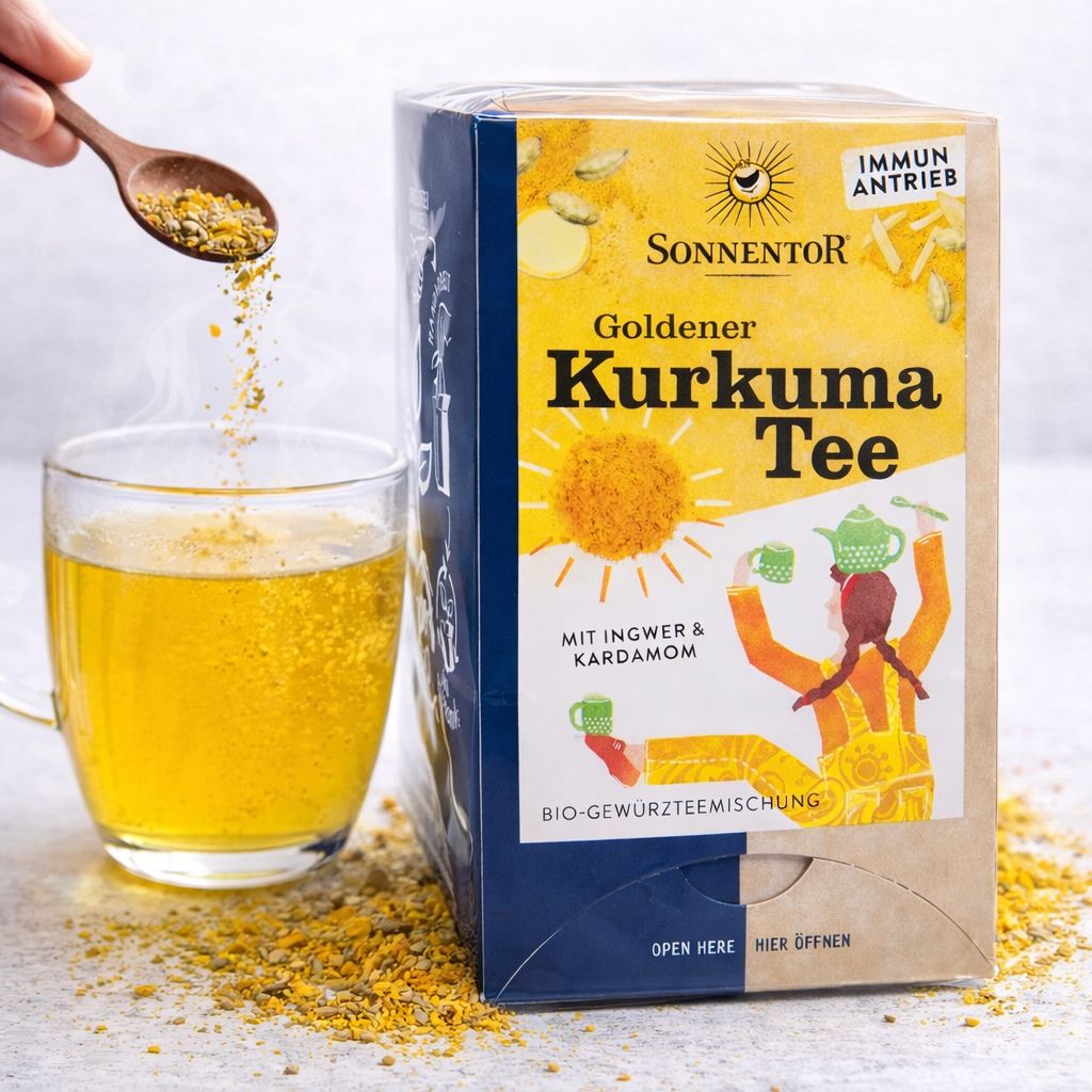Sonnentor Goldener Kurkuma Tee Packung, seitlich mit Folie verpackt, mit verstreutem Tee.