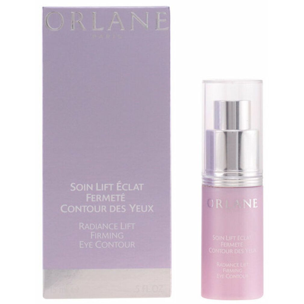 Orlane Radiance Lift Firming Eye Contour. Flakon und Verpackung in Lila. Text: Soin Lift Eclat Fermeté Contour des Yeux.