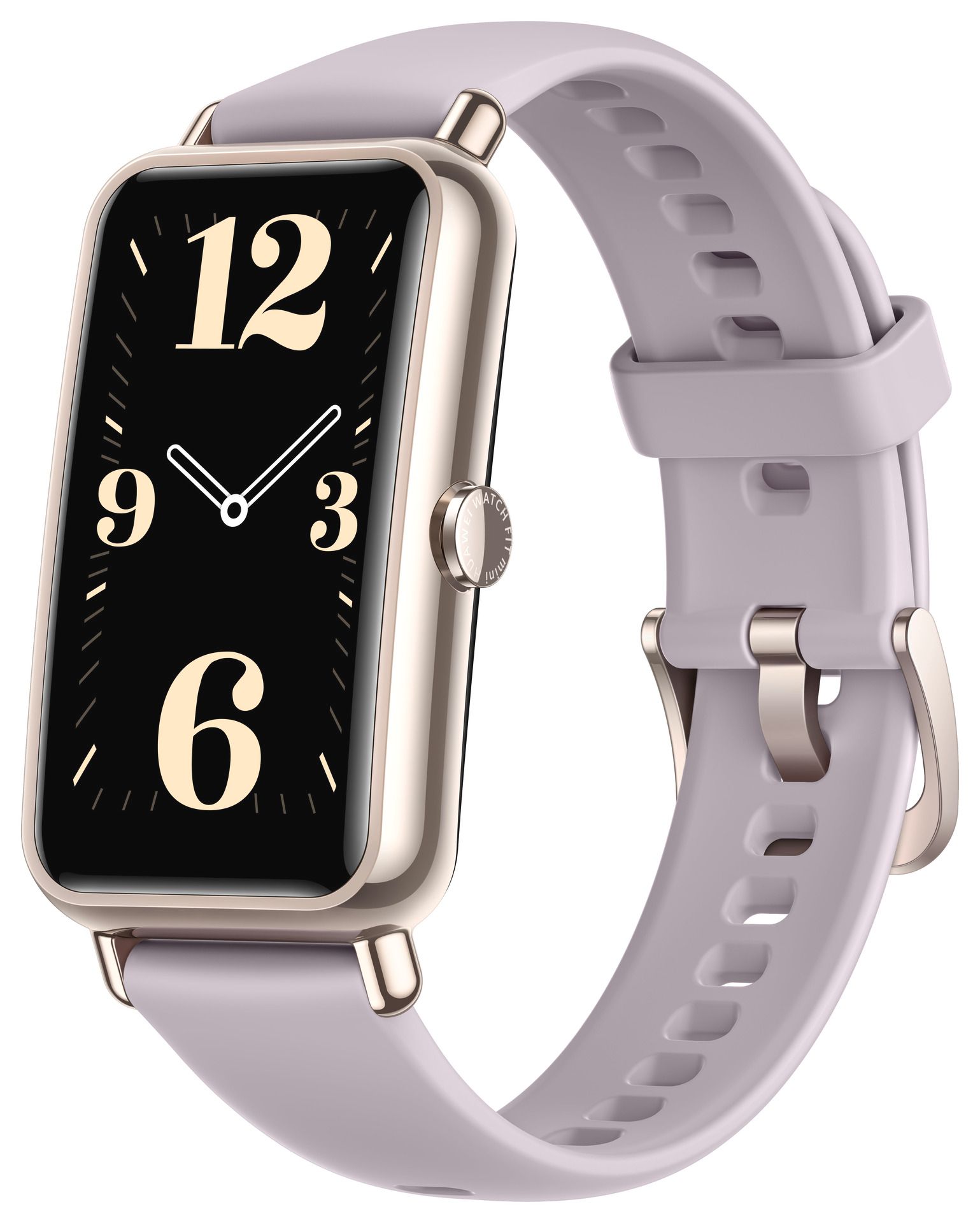 Violette Smartwatch mit rechteckigem Display. Ziffernblatt mit Ziffern 12, 3, 6, 9. Armband aus Silikon.