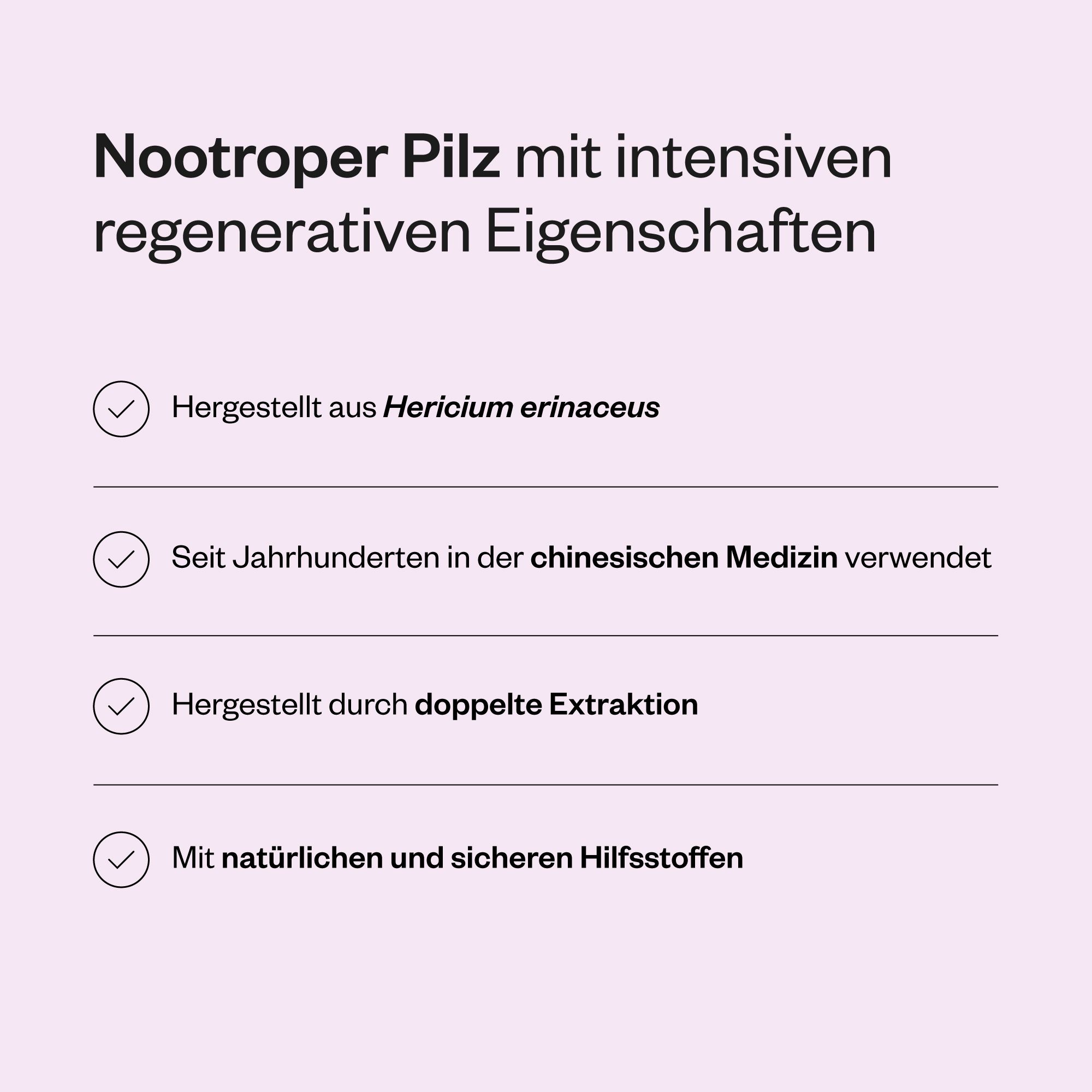 Infografik mit vier Punkten. Hergestellt aus Hericium erinaceus. Verwendet in der chinesischen Medizin. Hergestellt durch doppelte Extraktion.