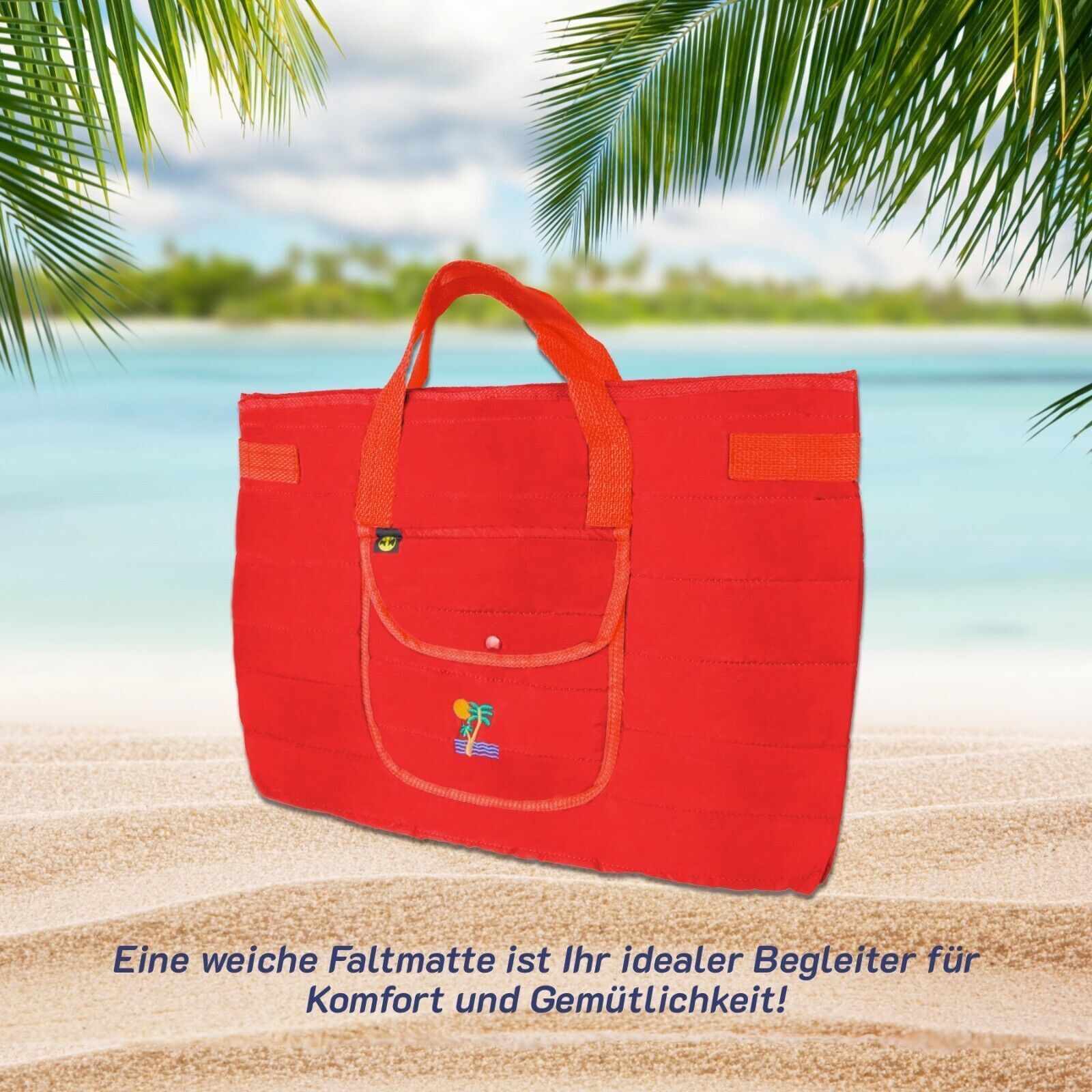 Rote Faltmatte mit Tragegriff am Strand. Text: Eine weiche Faltmatte ist Ihr idealer Begleiter für Komfort und Gemütlichkeit!