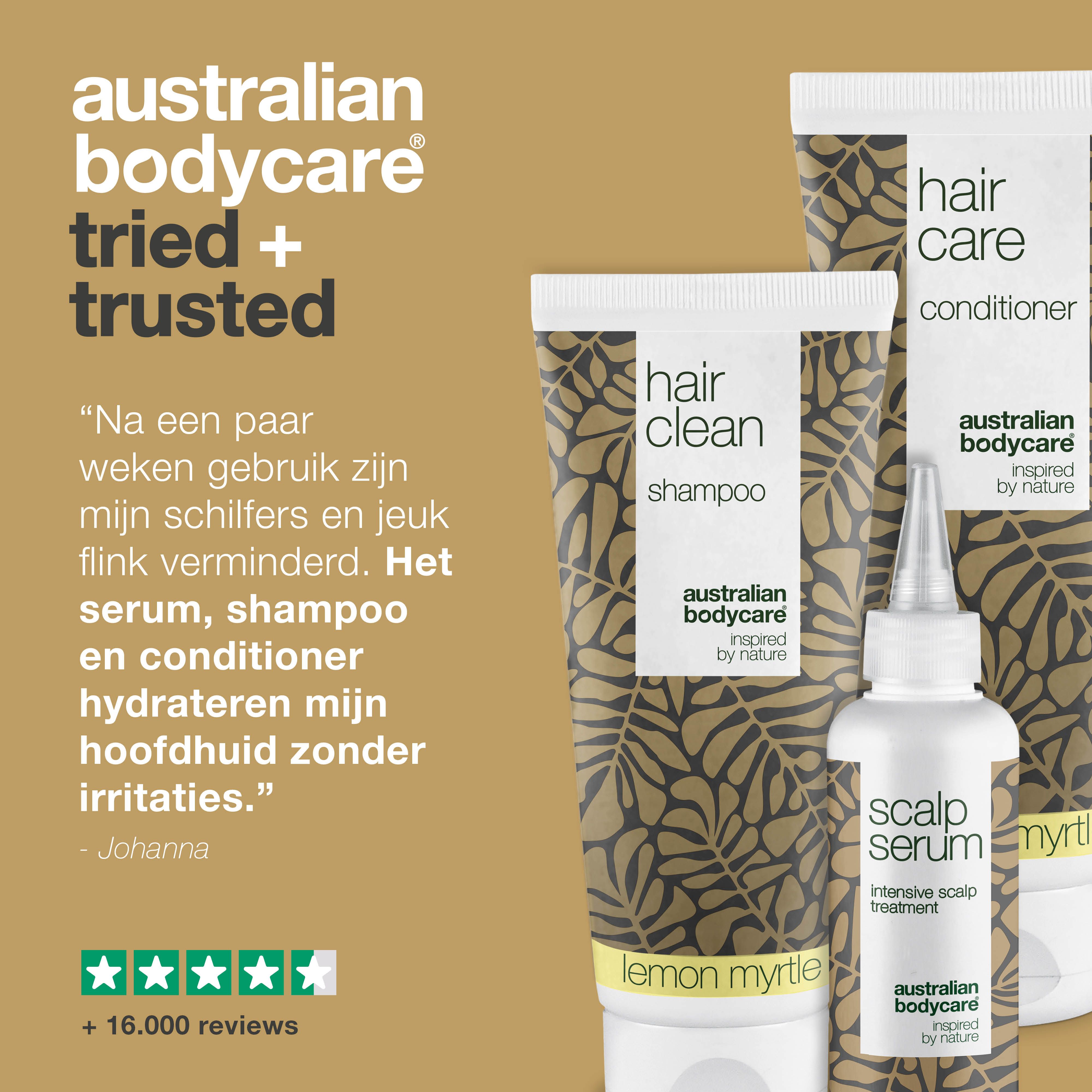 Australian Bodycare: tried + trusted. Shampoo, conditioner en serum. Opschrift: Lemon Myrtle. Tekst: Ervaringsverhaal.