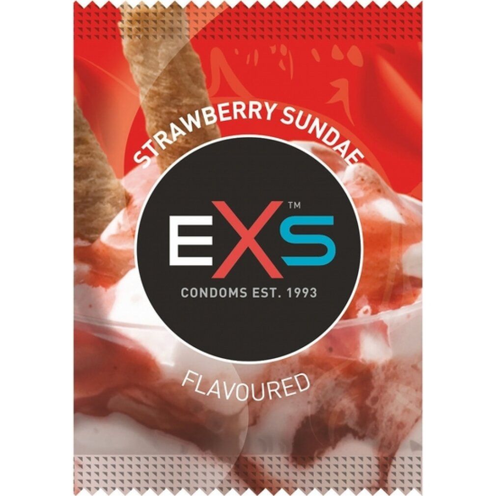 Einzelverpackung mit Erdbeer-Sundae-Aroma. EXS-Logo. Roter Hintergrund mit Eisbecher-Illustration.