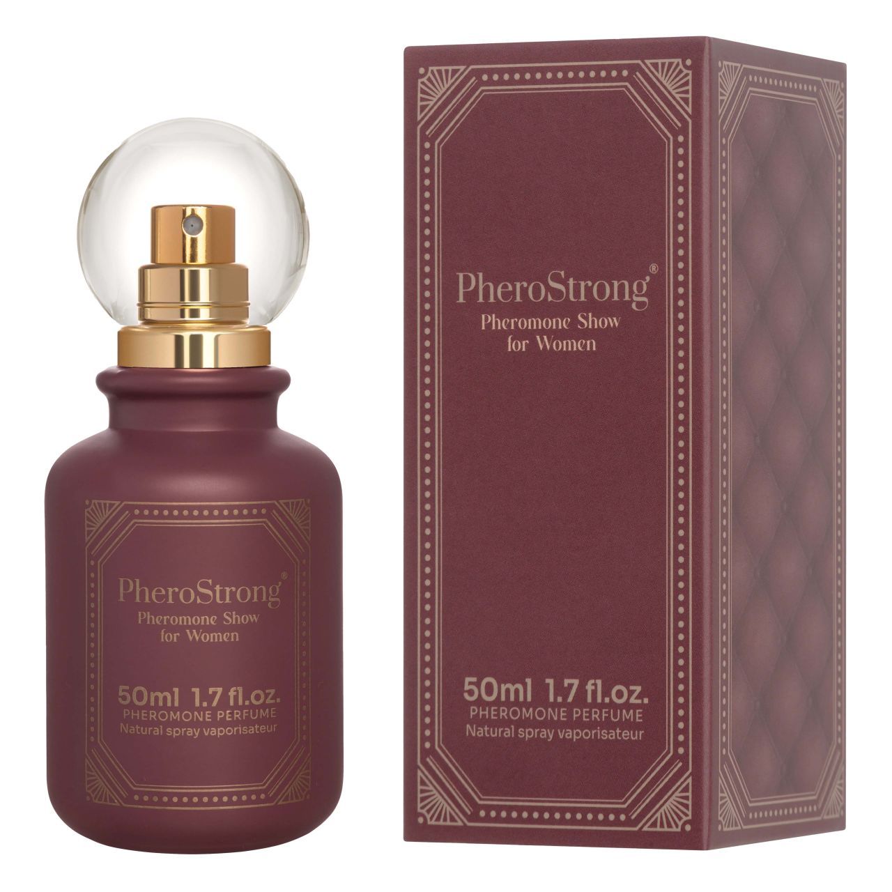 PheroStrong Pheromone Show für Frauen, Flasche und Verpackung. Bordeauxfarben, goldfarbener Zerstäuber, transparente Kappe.