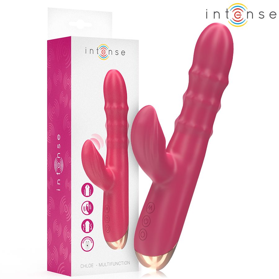 Rosa Vibrator mit Verpackung. Marke: Intense. 3-in-1-Funktion. Goldfarbene Basis. Auf der Verpackung steht "Chloe - Multifunktion".
