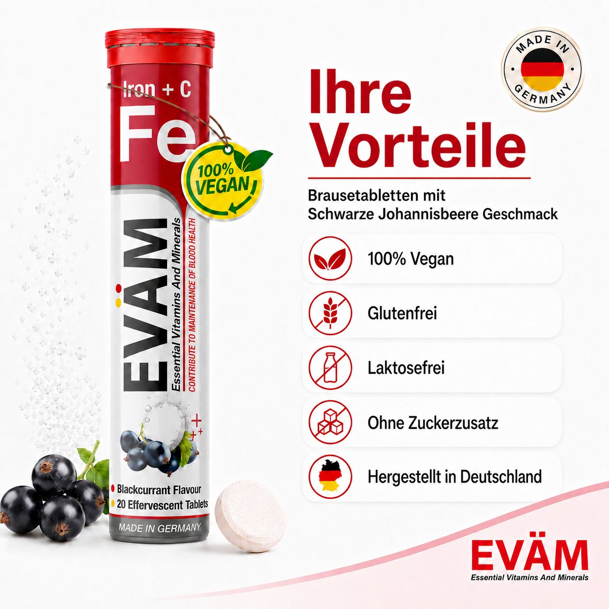Vorteile von EVÄM Eisen + Vitamin C Brausetabletten: Vegan, Glutenfrei, Laktosefrei, ohne Zucker.