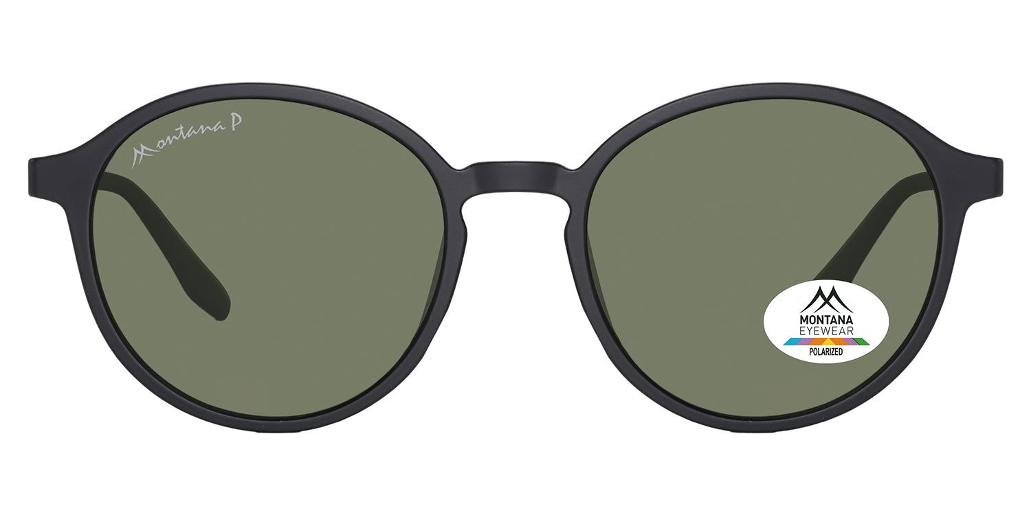Runde Sonnenbrille, schwarz, mit grünen Gläsern. Montana Eyewear Logo auf dem linken Glas und Bügel. Polarisiert-Aufkleber.