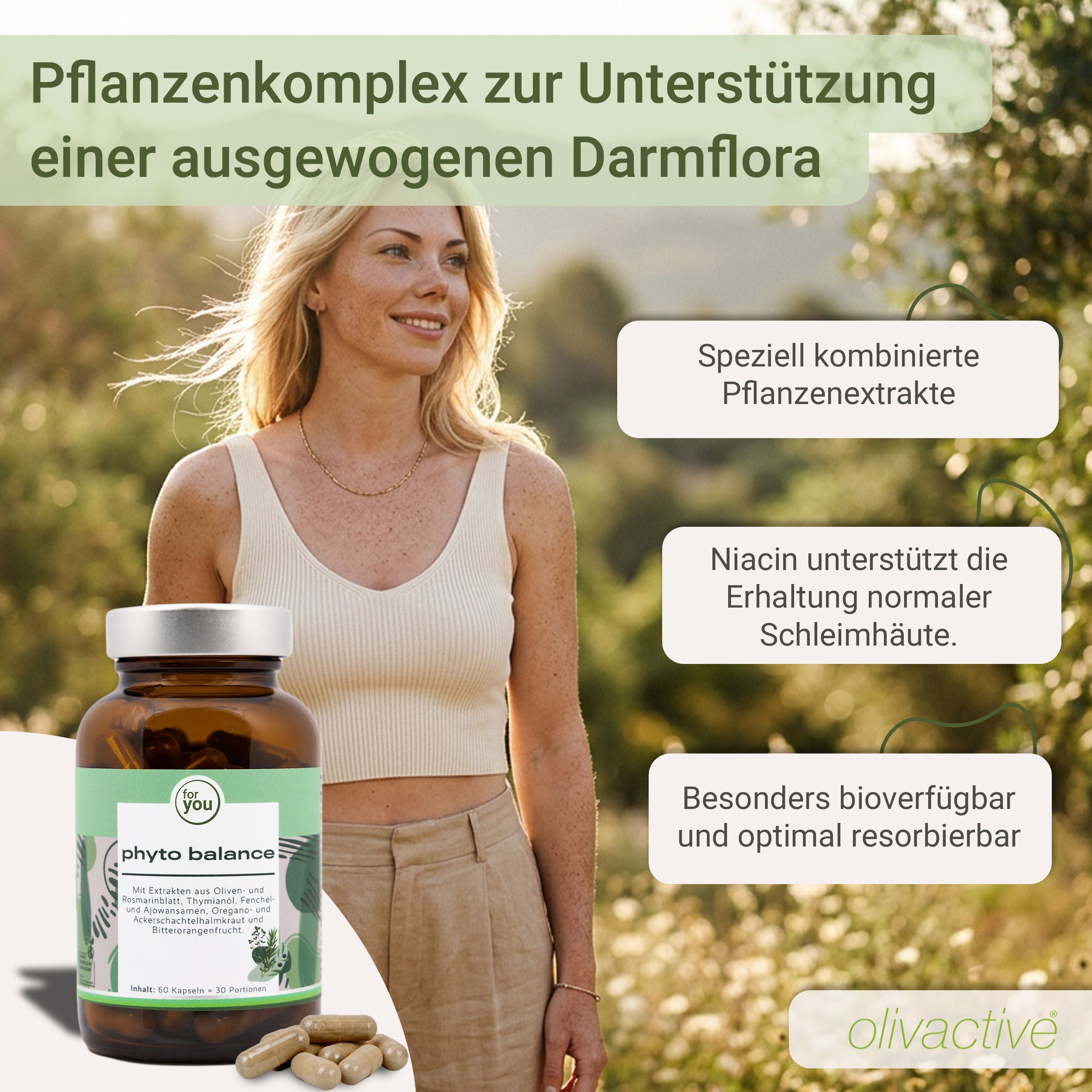 Frau lächelt in natürlicher Umgebung. Daneben eine Flasche des Produkts und Textfelder mit Produktinformationen.
