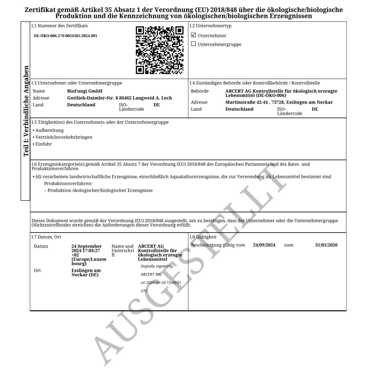 Zertifikat für ökologische/biologische Erzeugnisse. Text in Deutsch. QR-Code und Angaben zur Zertifizierungsstelle.