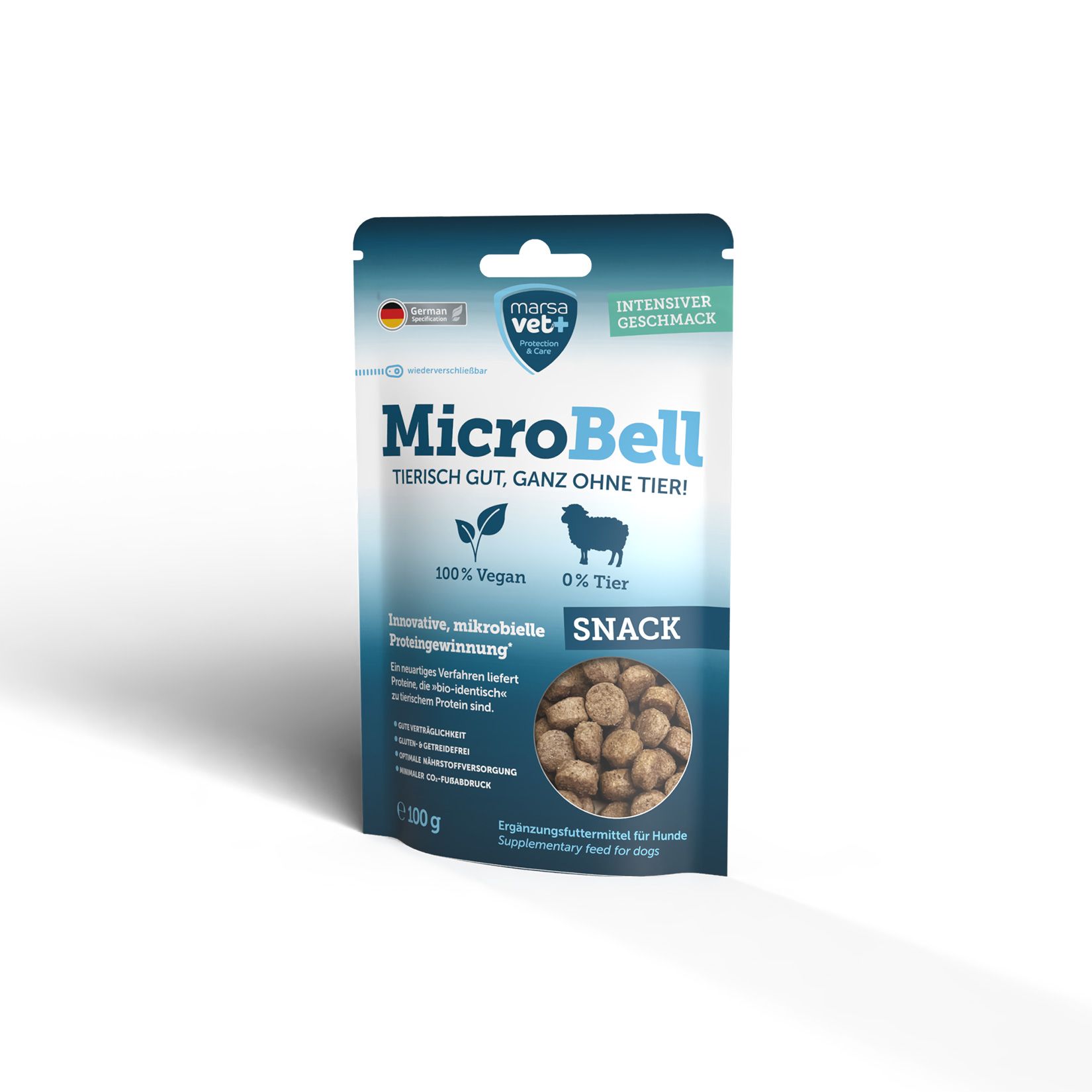Marsavet MicroBell Snack-Beutel. Der Beutel zeigt das Produkt, die Marke und die Inhaltsstoffe. Aufschrift: Tierisch gut, ganz ohne Tier! Snack.
