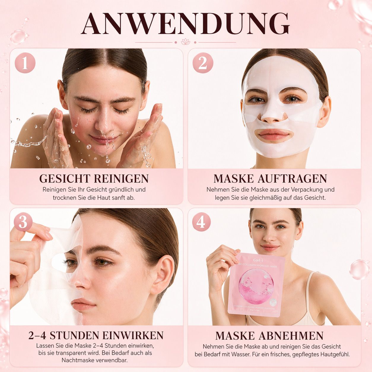 Anwendungsschritte: Gesicht reinigen, Maske auftragen, 2-4 Stunden einwirken lassen, Maske abnehmen. Text.