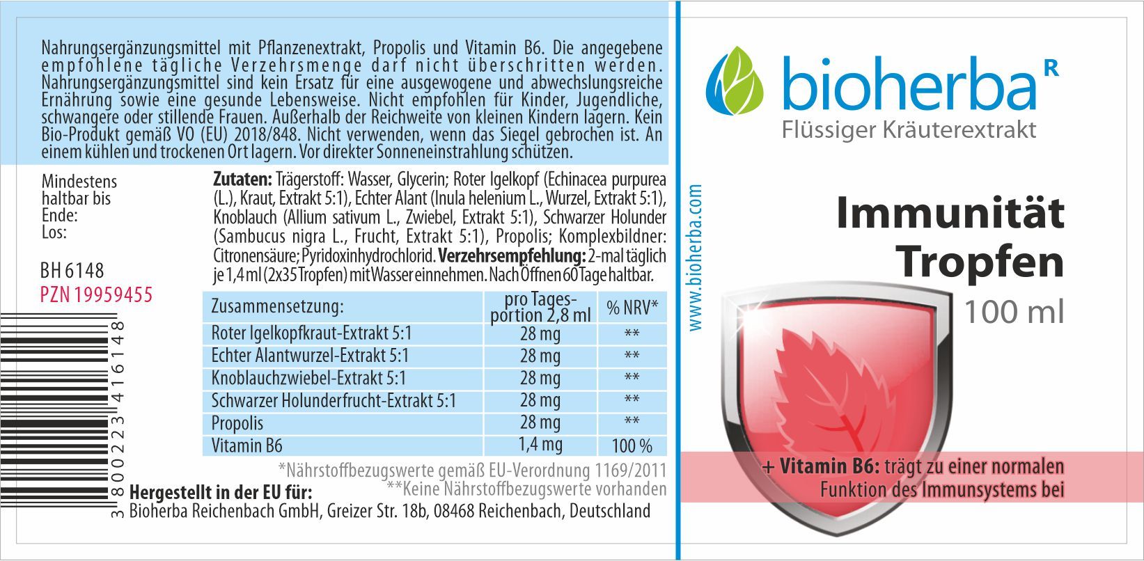 Etikett von Bioherba Immunität Tropfen. Enthält Informationen zu Inhaltsstoffen, Dosierung und Nährwerten. Flasche mit 100 ml.