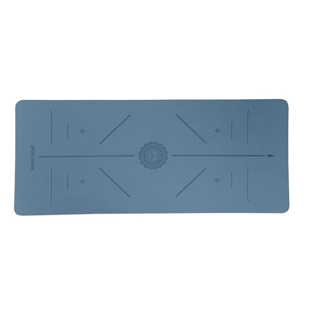 Hellblaue Yoga-Matte mit Markierungen. Der Schriftzug Sport-Thieme ist sichtbar.