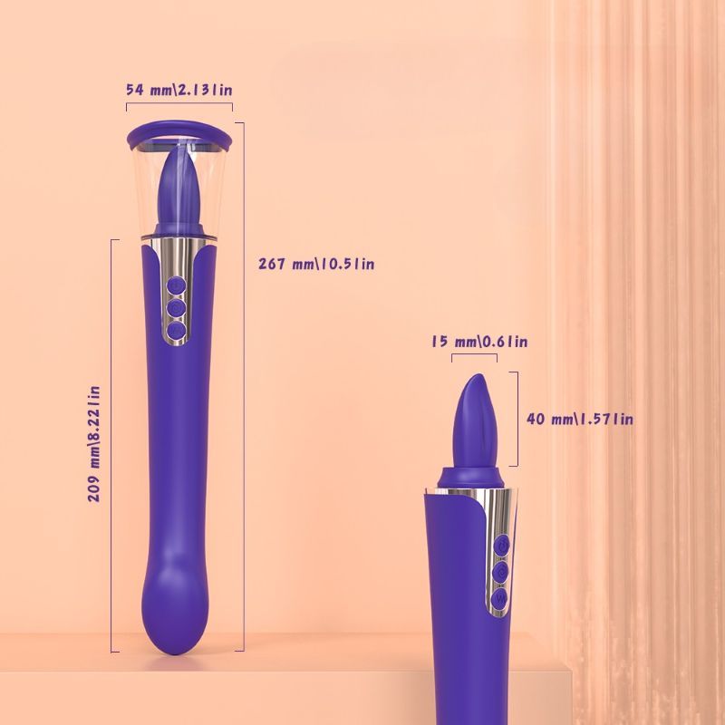 Lila Vibrator mit Maßen. 267mm lang, 209mm hoch. Transparenter Aufsatz.