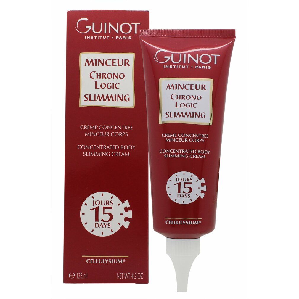 Rote Tube und Schachtel. Aufschrift: Guinot, Minceur Chrono Logic, Crème Minceur Corps, 15 Tage.