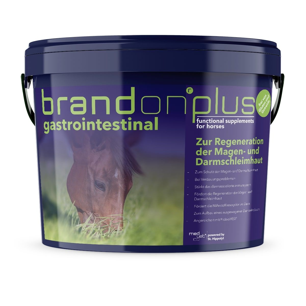 Blauer Eimer mit Aufschrift 'brandonplus gastrointestinal' und Pferdeabbildung.