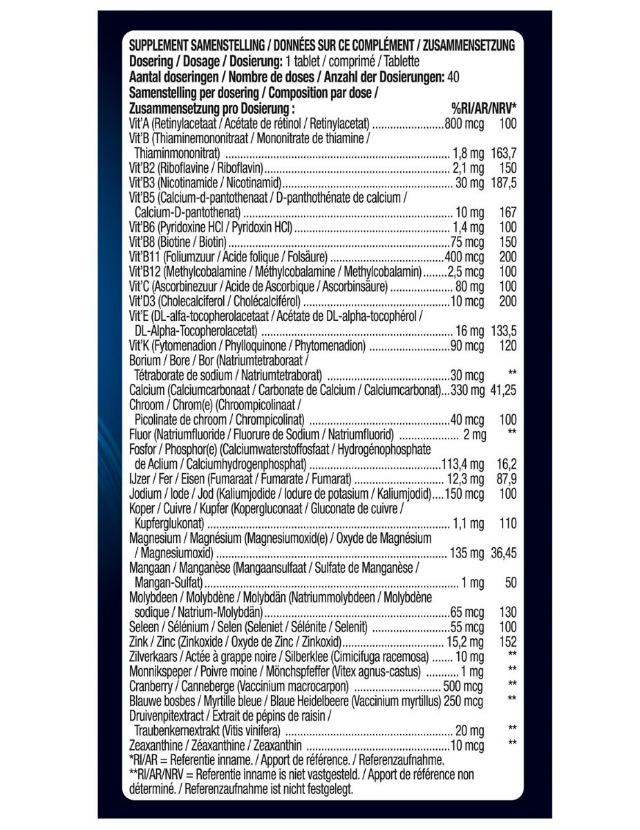 Nährwerttabelle auf blauem Hintergrund. Enthält Informationen zu Vitaminen, Mineralien und Dosierung pro Tablette. Text in mehreren Sprachen.