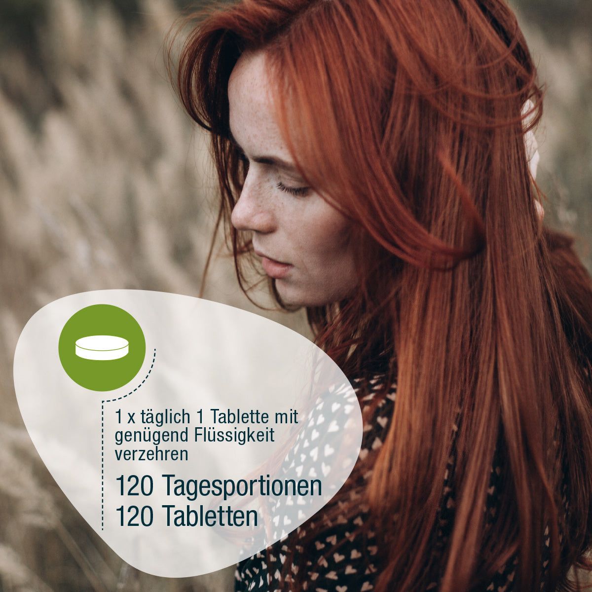 Frau mit roten Haaren.  Text: 1 x täglich 1 Tablette mit genügend Flüssigkeit verzehren. 120 Tagesportionen, 120 Tabletten.