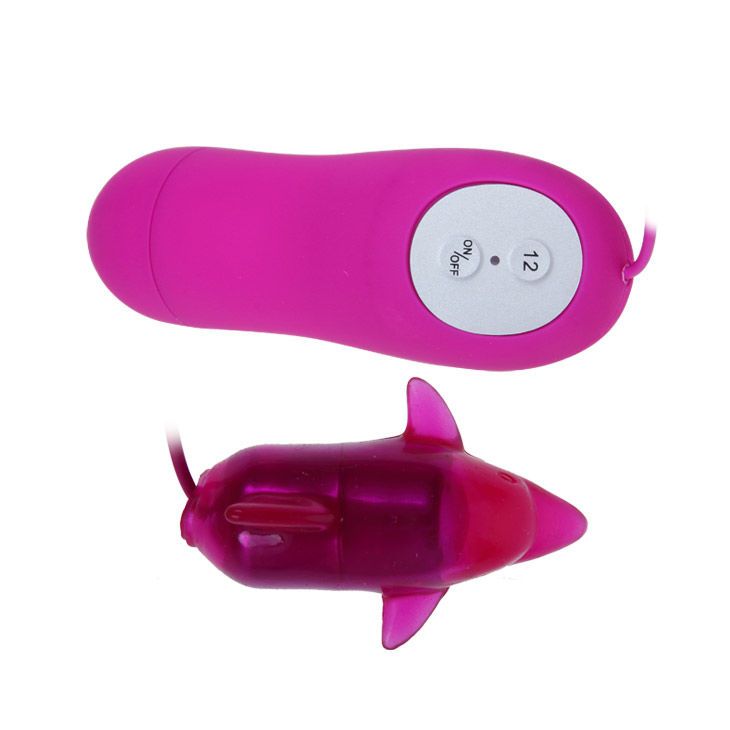 Rosa Vibrator mit Fernbedienung. Der Vibrator hat eine Delfinform. Die Fernbedienung hat einen Ein-/Ausschalter und eine Nummer 12.