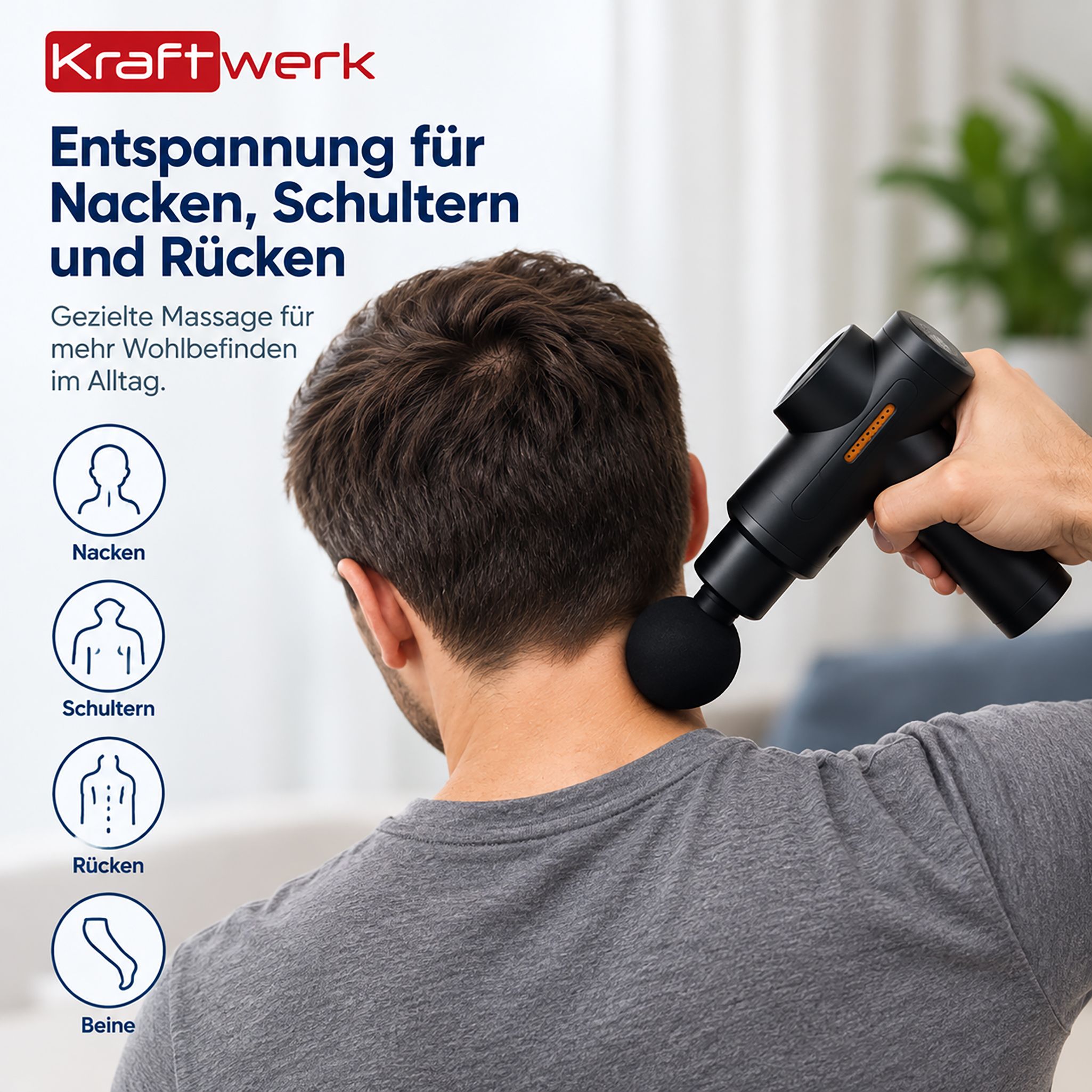Schwarze Massagepistole in Gebrauch am Nacken einer Person. Geeignet für Nacken, Schultern, Rücken und Beine.