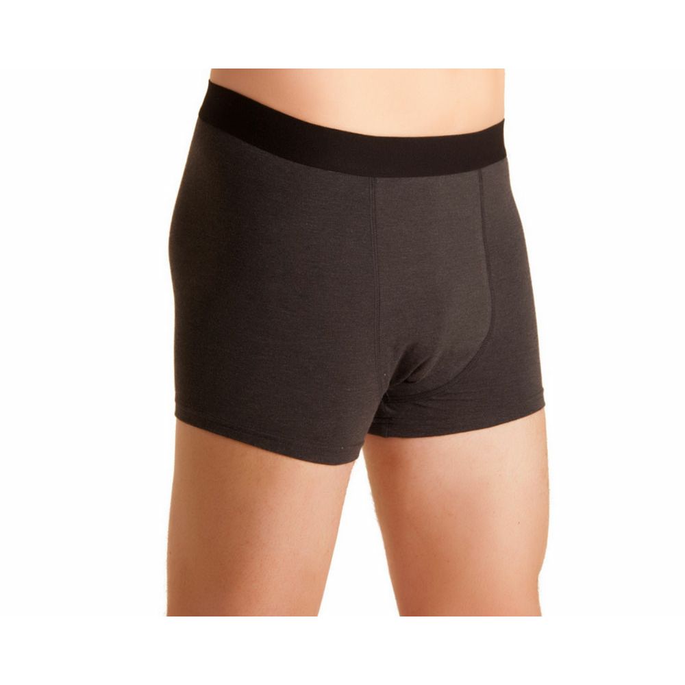 Graue Inkontinenzhose für Männer. Schwarzer Bund. Boxershorts-Form. Dreiviertelansicht.