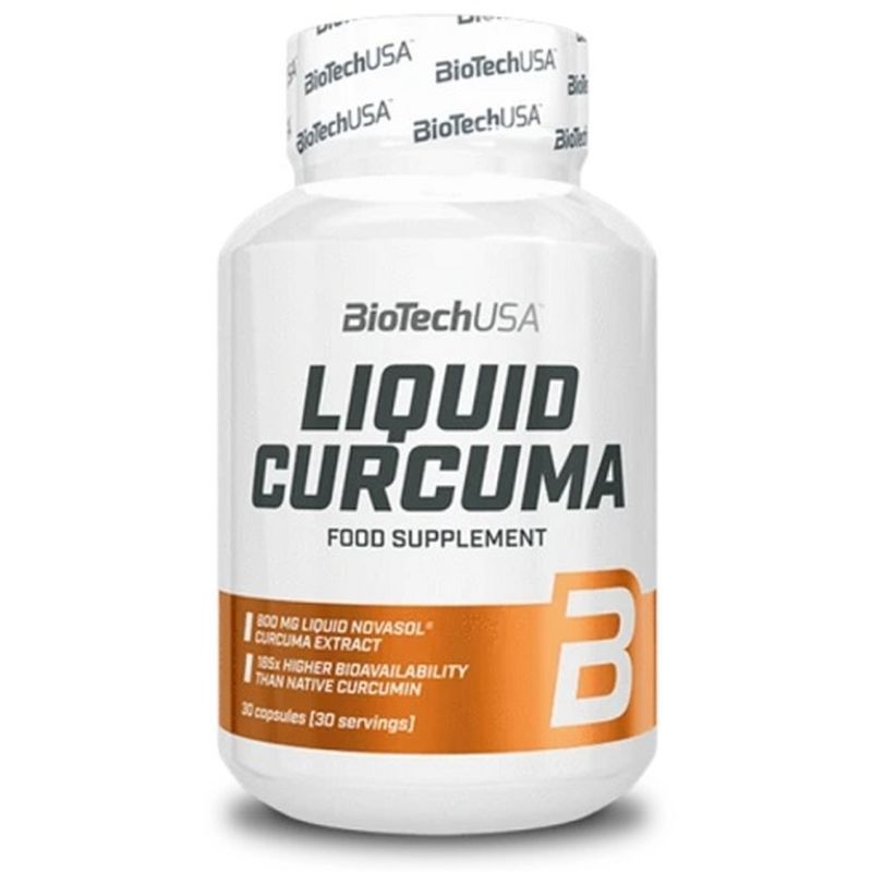 Weiße Flasche mit "BioTechUSA Liquid Curcuma". Orangefarbener Streifen mit "B". Text: "Food Supplement", "800 mg Liquid Novasol Curcuma Extract".
