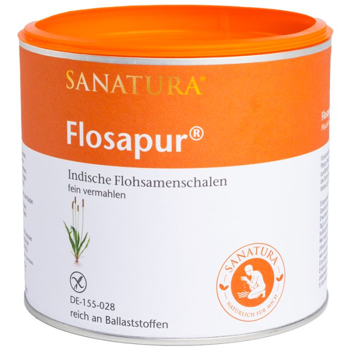 Sanatura Flosapur Dose. Orangefarbener Deckel, weißer Behälter mit Produktinformationen und Logo.