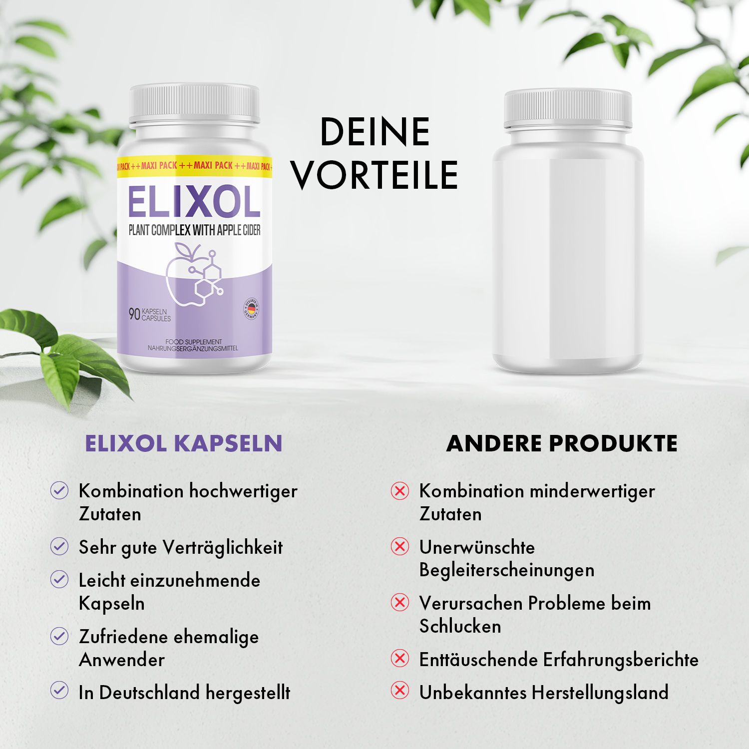 Elixol Kapseln Flasche und leere Flasche. Lila Etikett mit Apfel-Grafik. 90 Kapseln. Text: "Plant Complex with Apple Cider". Vergleichstabelle.