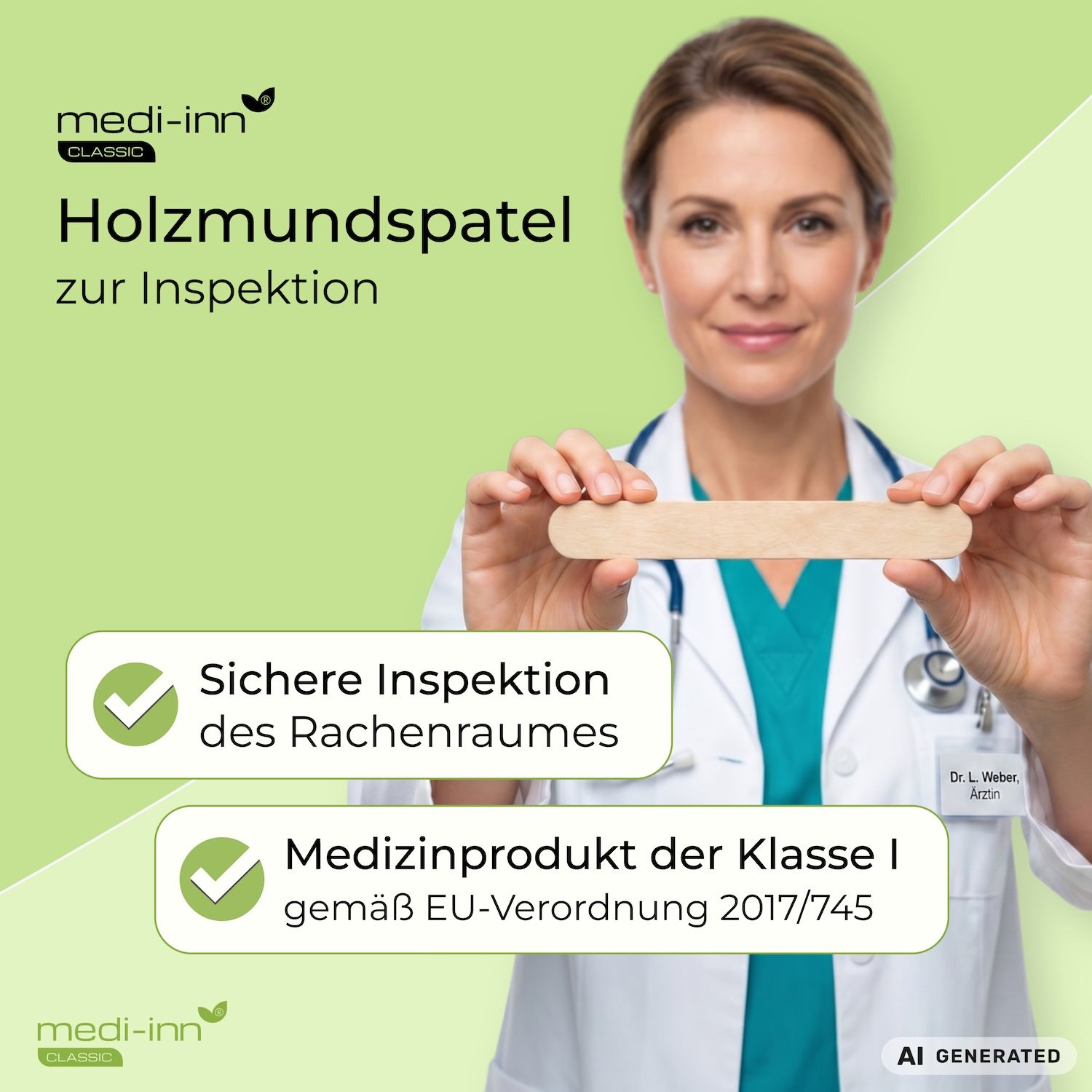 Ärztin hält hölzernen Mundspatel zur Inspektion. Medizinprodukt Klasse I.
