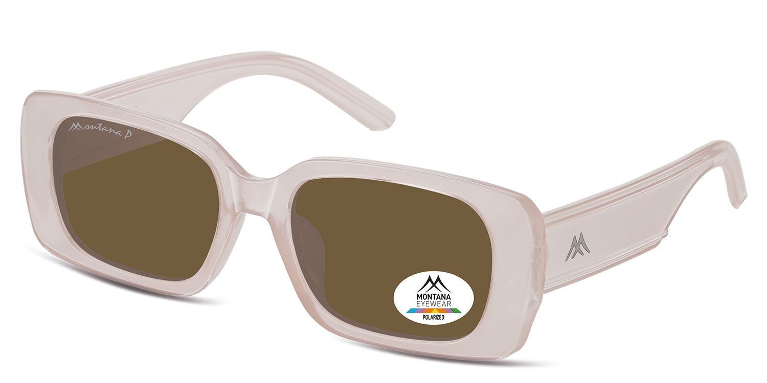 Sonnenbrille mit braunen Gläsern und hellem Rahmen. Logo Montana Eyewear auf dem Glas und Bügel. Perspektivische Ansicht.