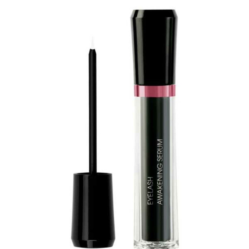 M2 Beauté Eyelash Awakening Serum. Schwarze Flasche mit Applikator. Schwarzer Deckel und rosa Ring.