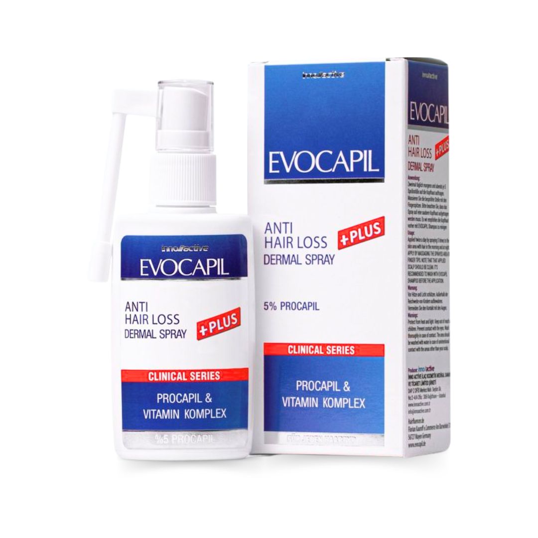 Evocapil Plus Anti-Haaruitval Spray en verpakking. Witte spray met blauw etiket.