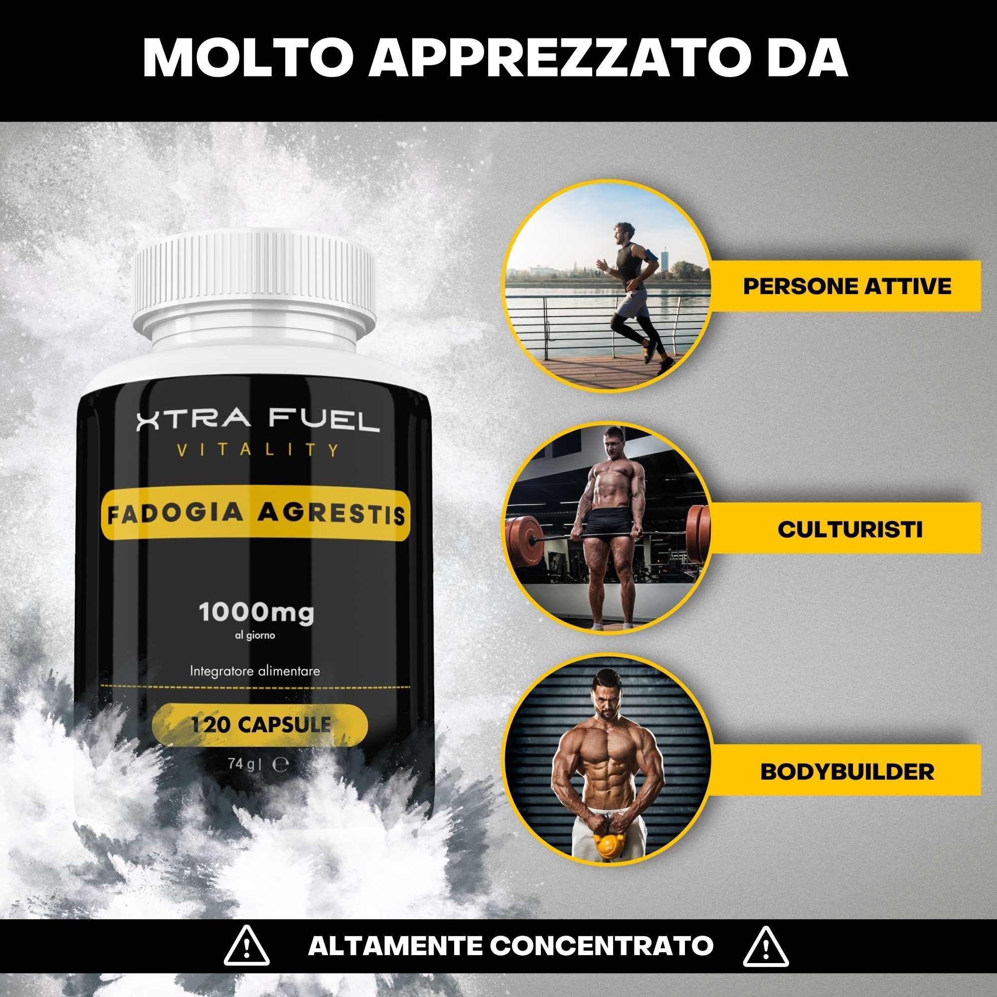 XTRA FUEL Fadogia Agrestis capsule. Uomo solleva pesi. Vegano, ad alto dosaggio, certificato.