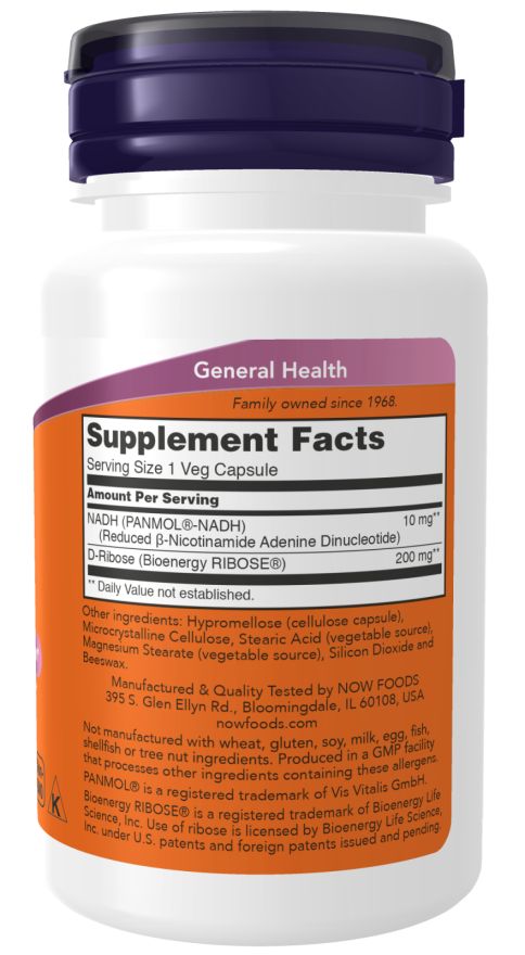 Retro del flacone. Etichetta arancione con informazioni nutrizionali e ingredienti. "NOW FOODS" e altre informazioni.