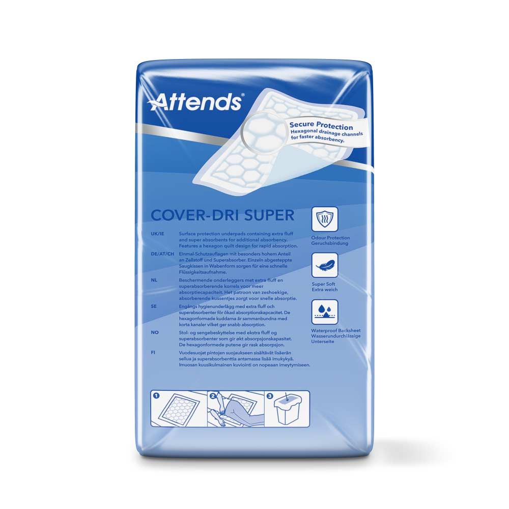 Attends Cover-Dri Super. Rückseite der Verpackung. Produktinformationen und Piktogramme. Blaue und weiße Verpackung.