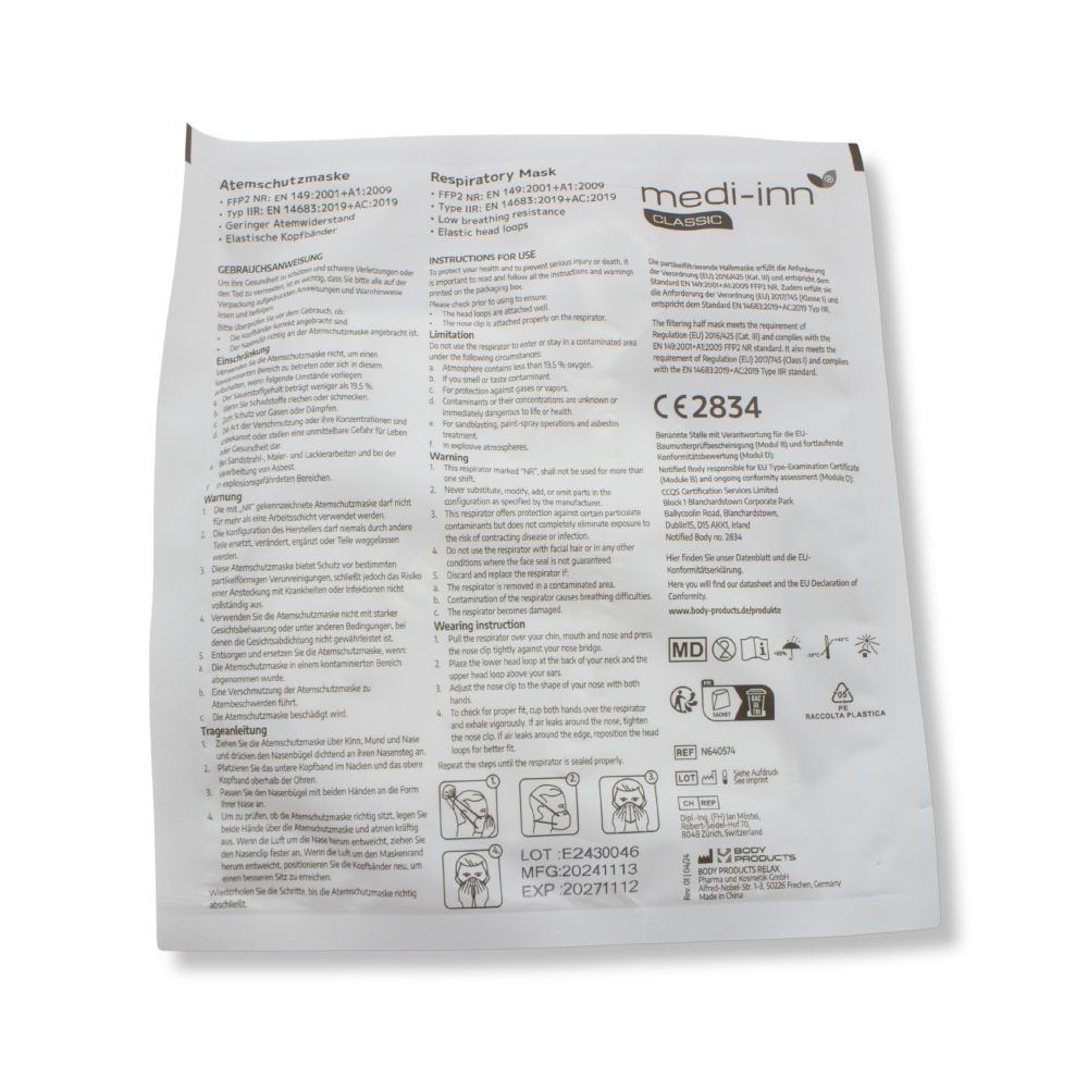 Medi-Inn Atemschutzmasken FFP2 NR, Typ IIR, 3-lagig, weiß
