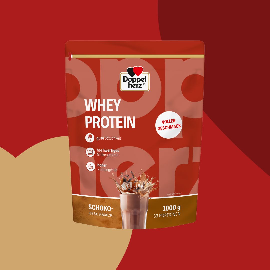 Doppelherz WHEY PROTEIN Schoko-Packung. Braune Verpackung mit Produktnamen und Schokoladen-Illustration.