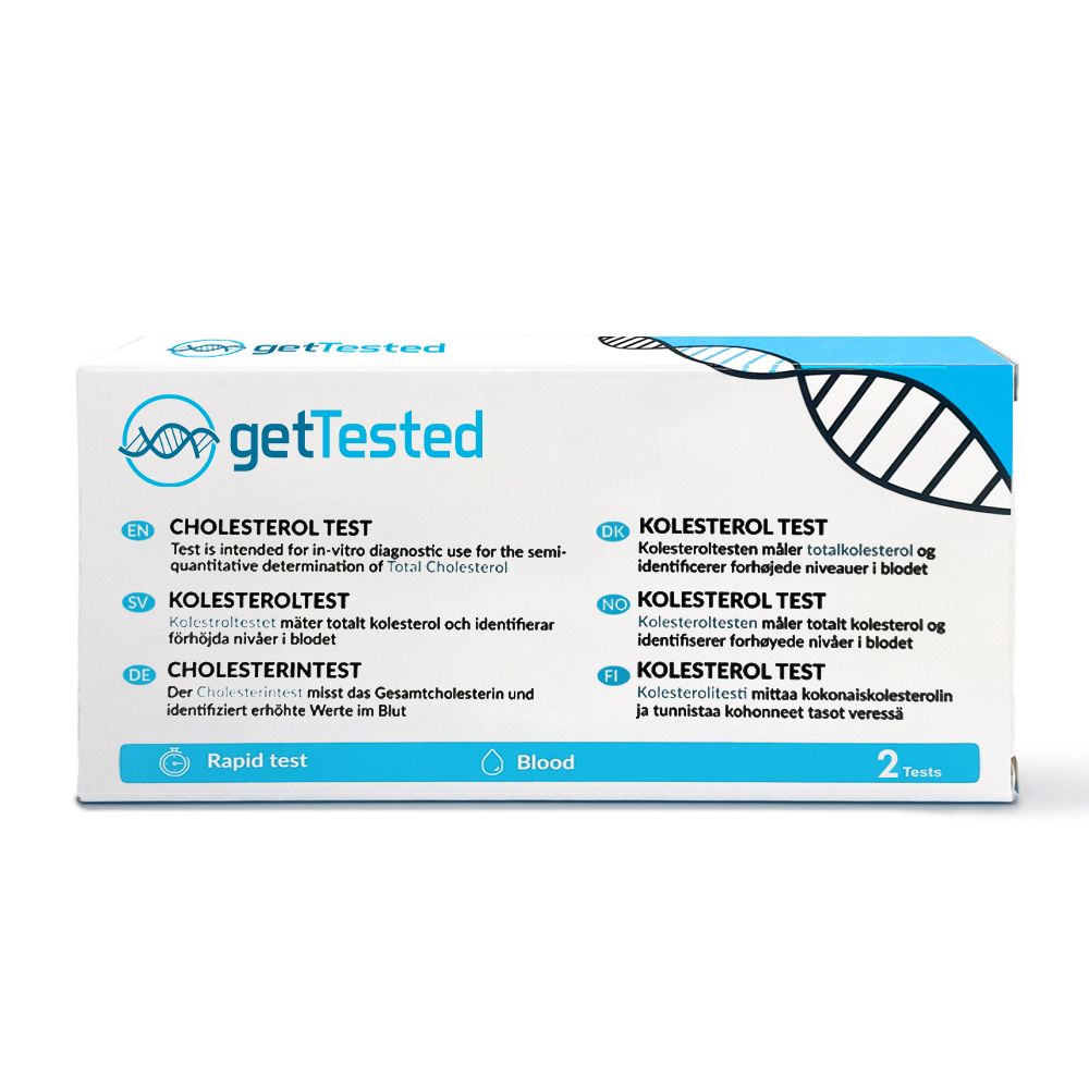 Verpackung von GetTested Cholesterin-Test. Enthält 2 Tests. Aufschrift: Cholesterintest, Rapid Test, Blut.