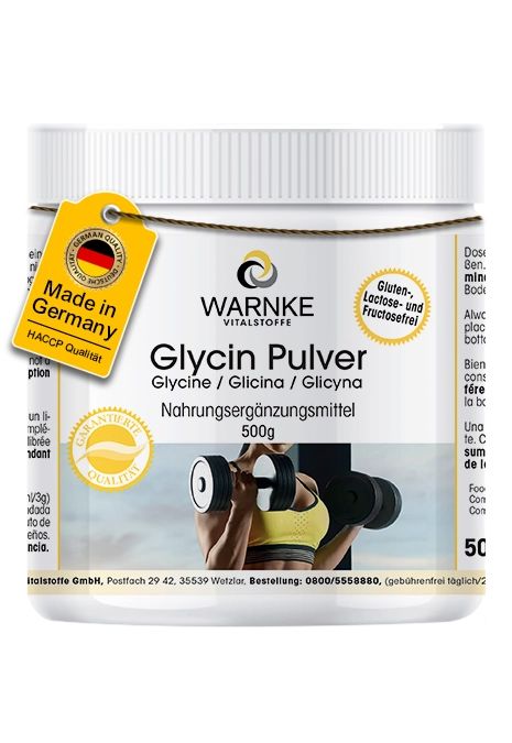 Weißes Warnke Vitalstoffe-Pulver-Behälter mit Aufschrift Glycin Pulver. Gluten-, Laktose- und Fructosefrei. Made in Germany.