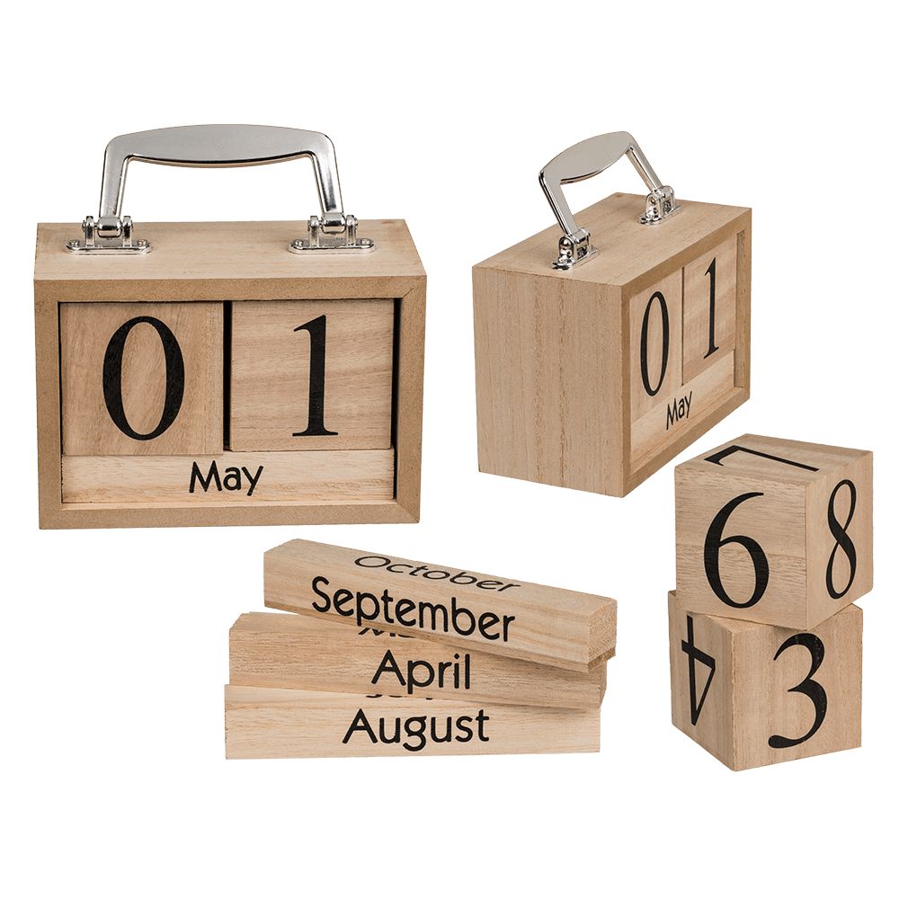Holz-Kalender mit Griff. Würfel mit Zahlen, Blöcke mit Monatsnamen. Natürliche Holzfarbe, Metallgriff.