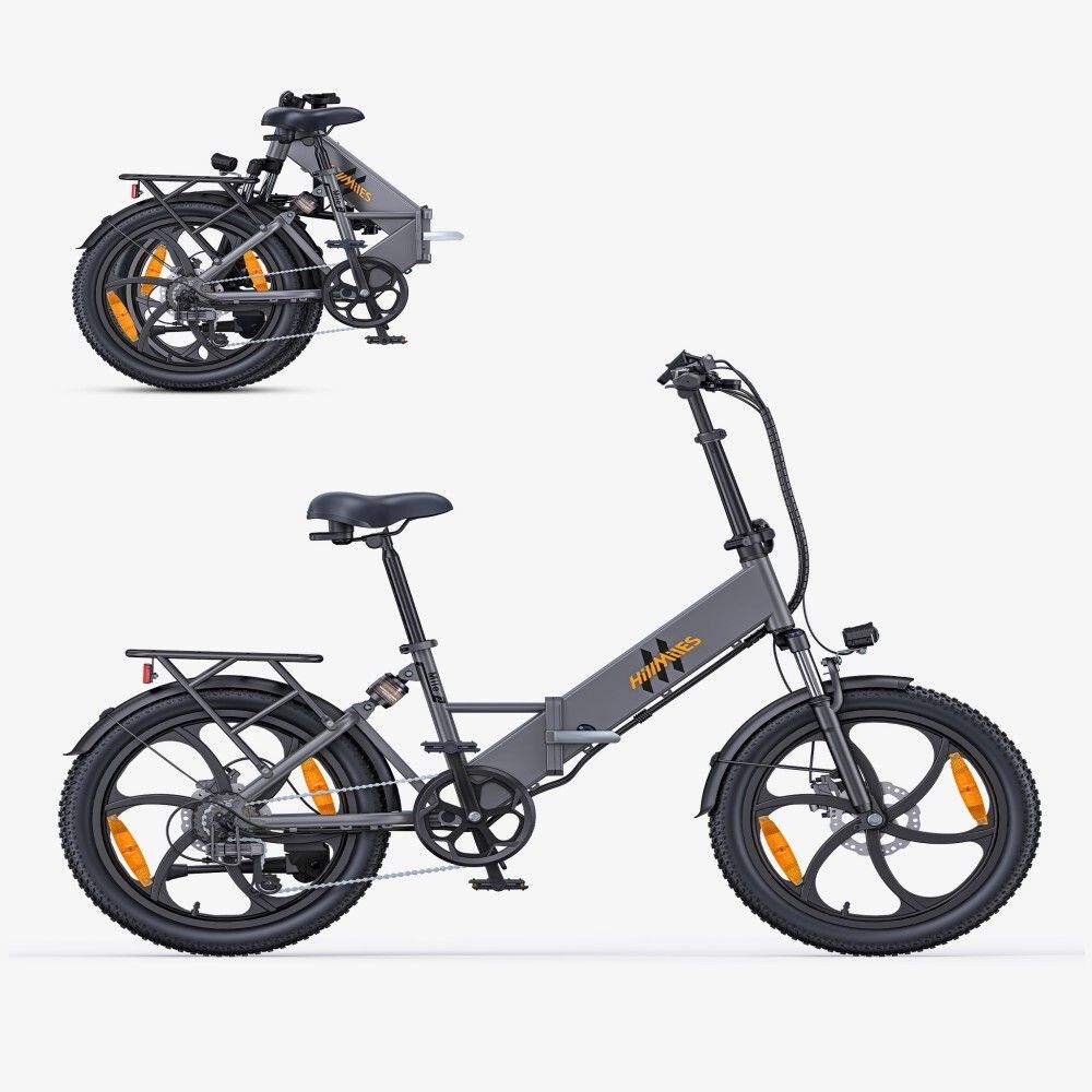 Graues Elektrofahrrad, teilweise zusammengeklappt. Schwarze Reifen, Gepäckträger, Sattel und Pedale. Orangefarbene Reflektoren.