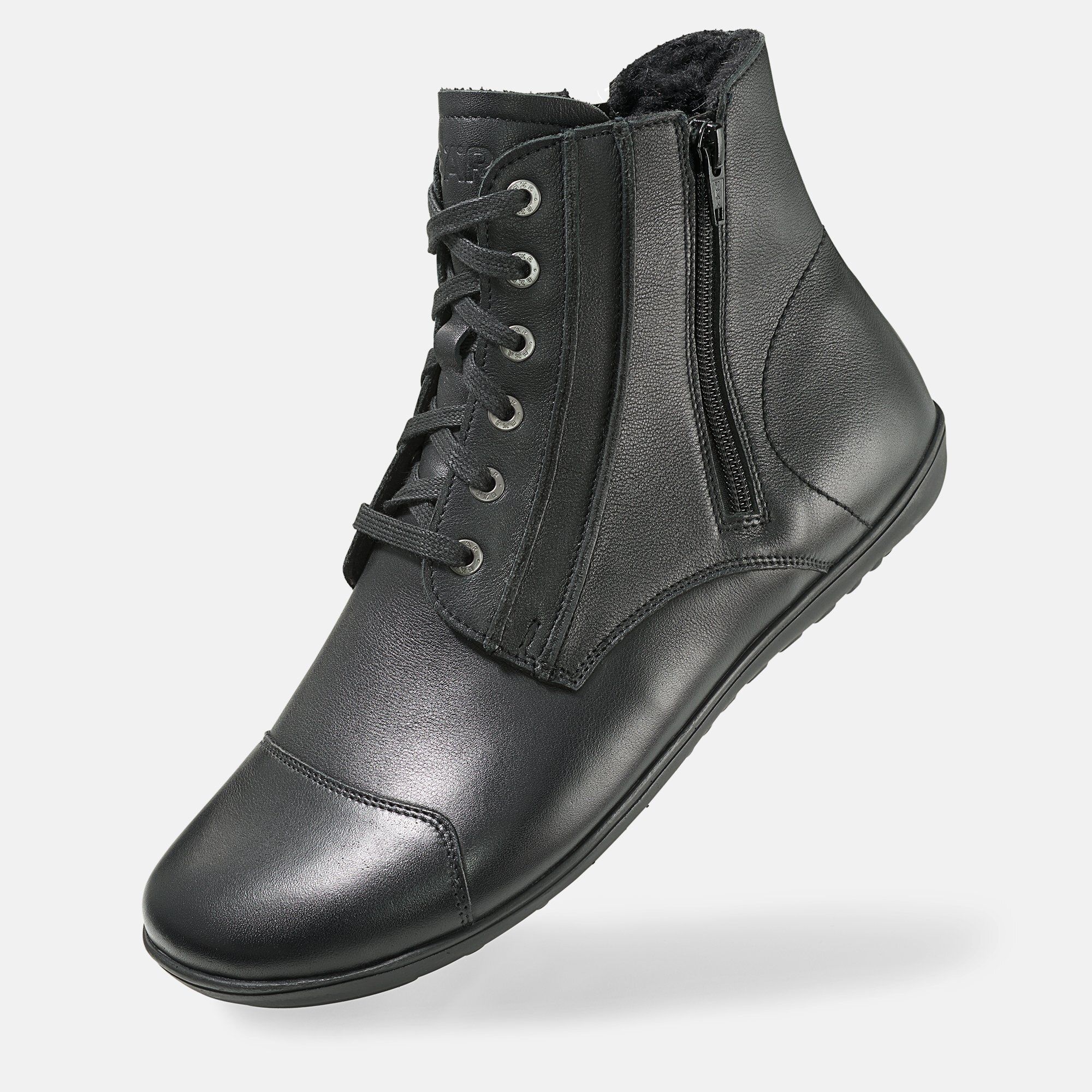Schwarze Leder-Stiefelette für Herren, Vorderansicht mit Schnürung und Reißverschluss.