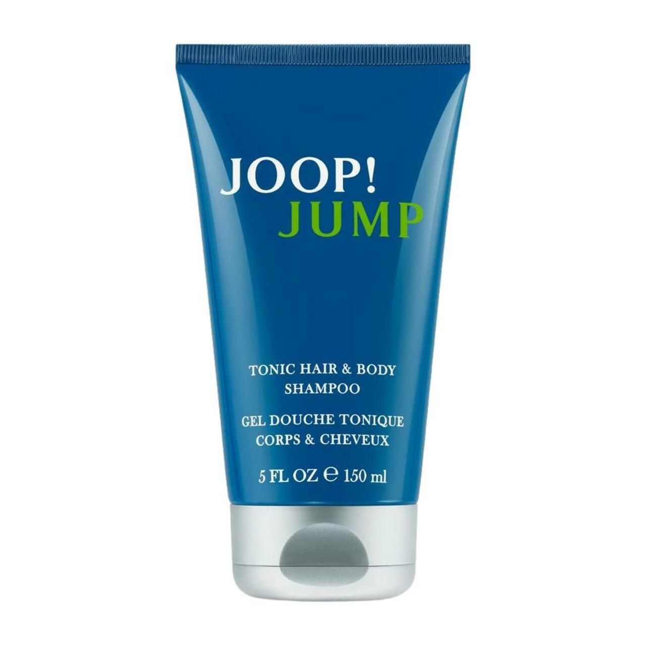 Blauwe Tube mit JOOP! JUMP Schriftzug. Enthält Tonic Hair & Body Shampoo. 5 FL OZ 150 ml.