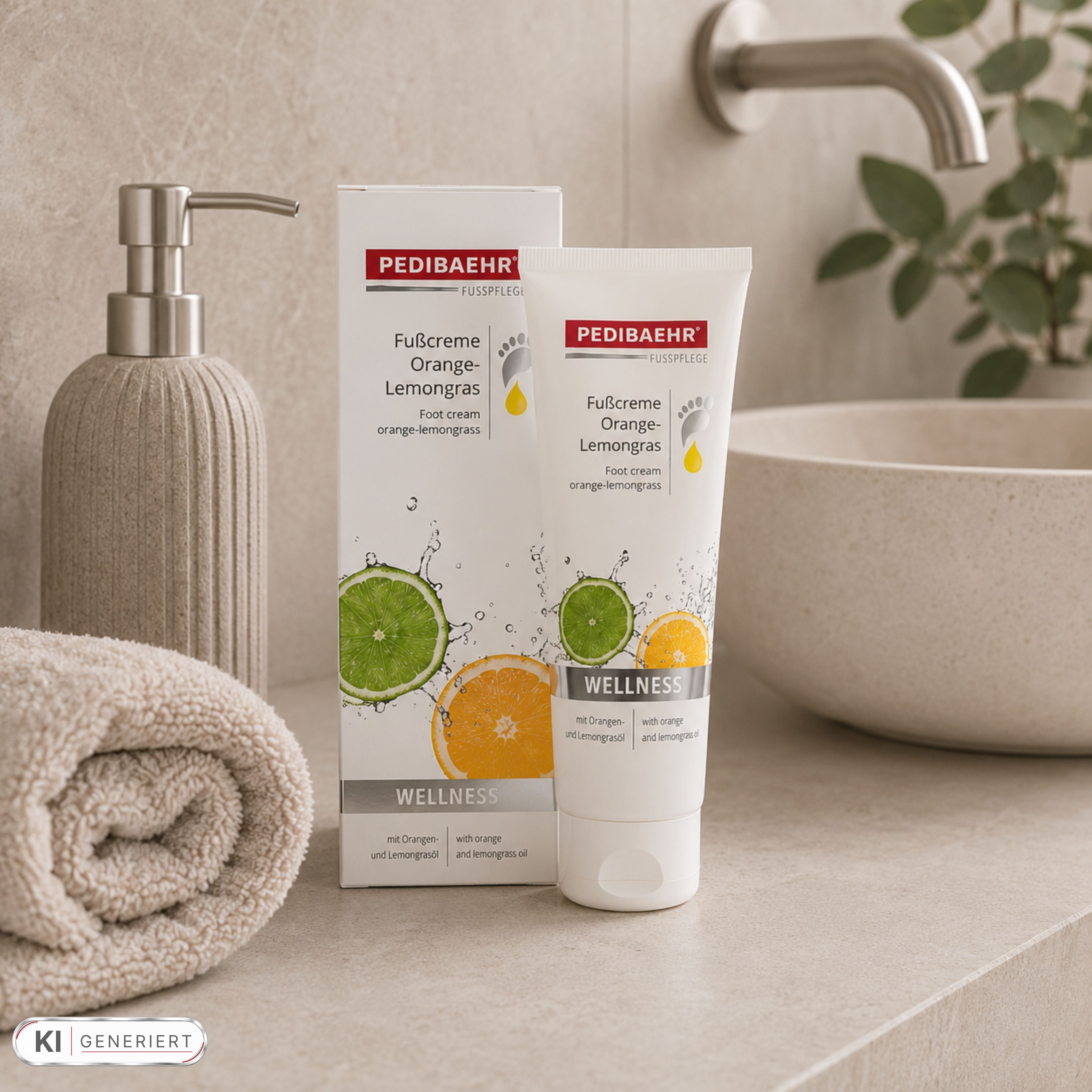 Pedibaehr Fußcreme Orange-Lemongras Tube und Kartonverpackung auf einem Waschbeckenrand mit Handtuch.