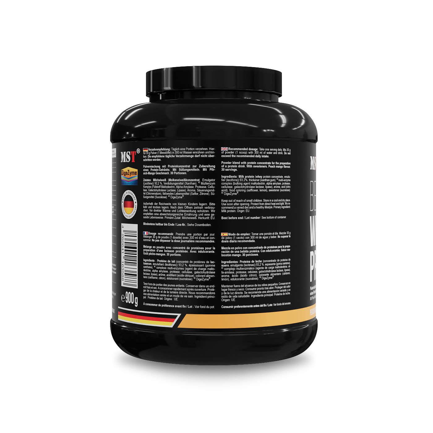 Rückseite eines schwarzen Behälters mit Produktinformationen, Siegeln und 900g Angabe.