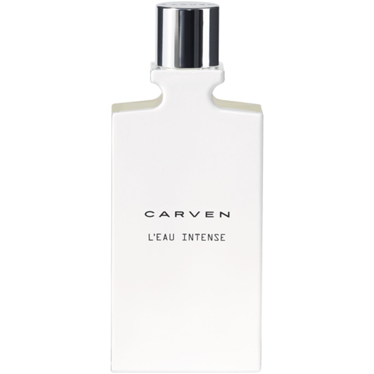 Weißer Flakon mit silbernem Verschluss. Aufschrift: CARVEN, L'EAU INTENSE.