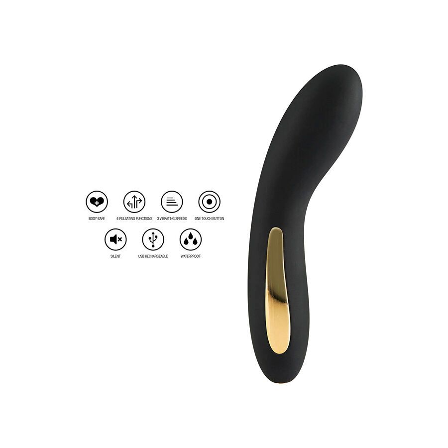 Schwarzer Vibrator mit goldfarbenem Akzent. Symbole für Funktionen: Herz, kabellos, Geschwindigkeit, Ein/Aus, USB, wasserdicht.